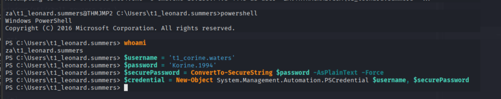 PowerShell PSCredential object created with no output confirming success